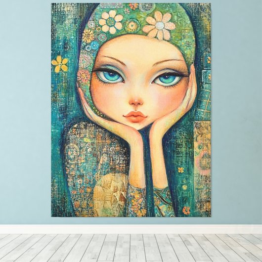 BIG EYED GIRL WHIMSICAL CANVAS KUNSTDRUK (Insitu (Houten vloer))