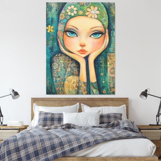 BIG EYED GIRL WHIMSICAL CANVAS KUNSTDRUK (Insitu (Slaapkamer))