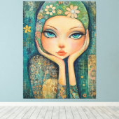 BIG EYED GIRL WHIMSICAL CANVAS KUNSTDRUK AFDRUK (Insitu (Houten vloer))