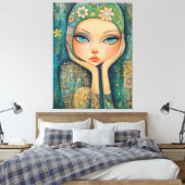 BIG EYED GIRL WHIMSICAL CANVAS KUNSTDRUK AFDRUK (Insitu (Slaapkamer))