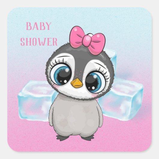 Big Eyes Cute Penguin met roze Baby shower Vierkante Sticker (Voorkant)