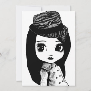 Big Eyes schattig meisje Fedora pet Originele kuns Bedankkaart