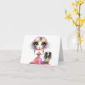 Big Eyes Whimsical Dachshund en Meisje Kaart (Gele Bloem)