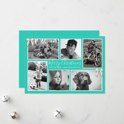 Big Family Kerstfoto Collage Turquoise Feestdagenkaart (Voorkant / Achterkant in situ)