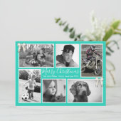 Big Family Kerstfoto Collage Turquoise Feestdagenkaart (Staand voorkant)