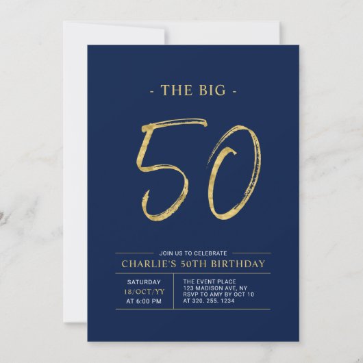 Big Fifty | Goud & Navy Blue 50ste verjaardagsfees Kaart (Voorkant)