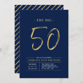 Big Fifty | Goud & Navy Blue 50ste verjaardagsfees Kaart (Voorkant / Achterkant)