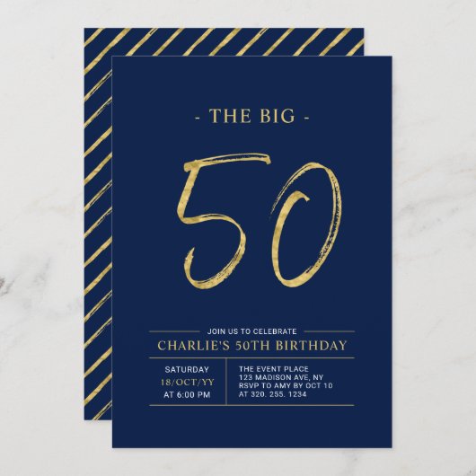 Big Fifty | Goud & Navy Blue 50ste verjaardagsfees Kaart (Voorkant / Achterkant)