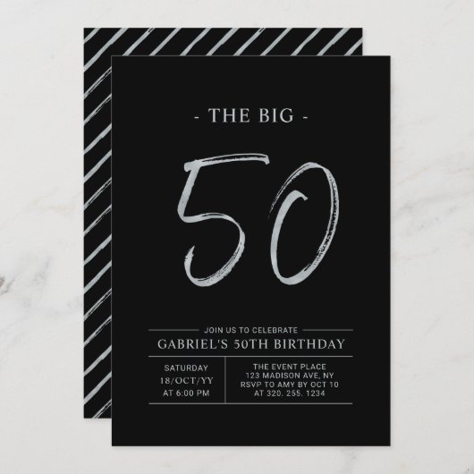 Big Fifty | Zilver & Zwart 50ste verjaardagsfeest Kaart (Voorkant / Achterkant)