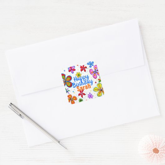 Big Flowers Happy Birthday Name Vierkante Sticker (Envelop)