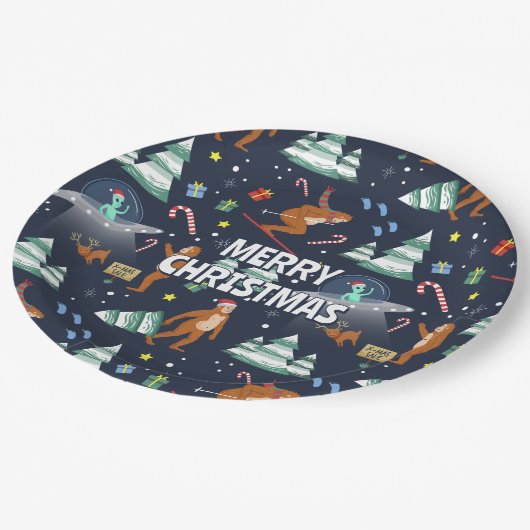 Big Foot, Aliens en Rendier Kerstmis Papieren Bordje (Gekanteld)