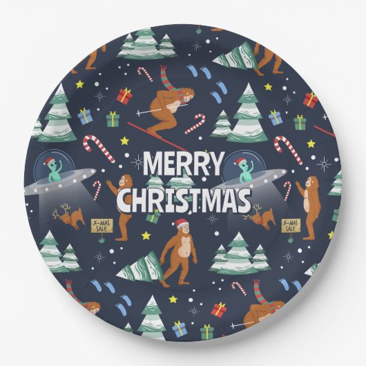 Big Foot, Aliens en Rendier Kerstmis Papieren Bordje (Voorkant)