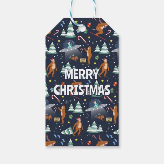 Big Foot, Aliens en Rendier Sci-Fi Kerstmis Cadeaulabel (Voorkant)
