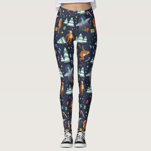 Big Foot, Aliens en Rendier Sci-Fi Kerstmis Leggings (Voorkant)