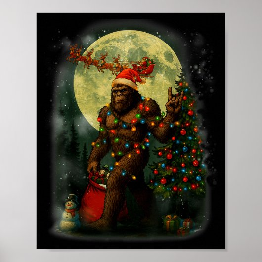 Big Foot Rock On Santa Snowman Christmas Tree Xmas Poster (Voorkant)