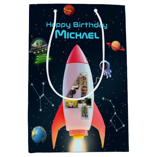 Big Four met foto's | Space Rocket vierde verjaard Medium Cadeauzakje (Voorkant)