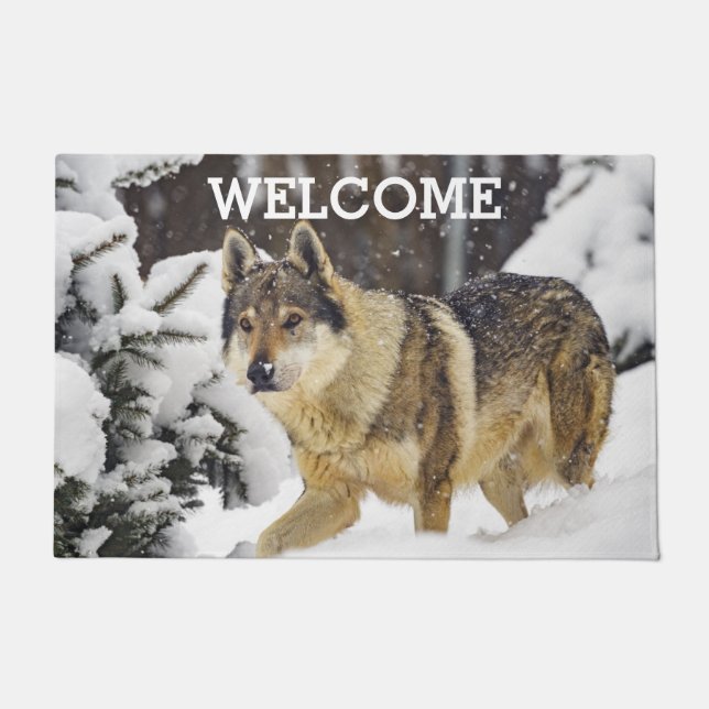 Big Gray Wild Wolf in sneeuwdieren Doormat Deurmat (Voorkant)