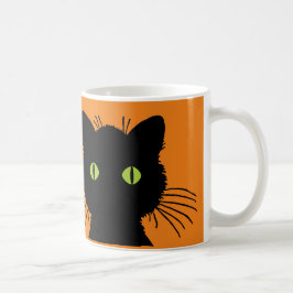 Big Green Eyed Black Cat Happy Halloween Design Koffiemok