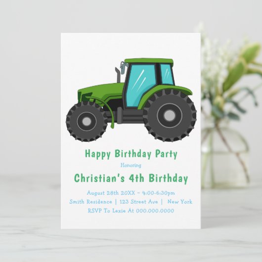 Big Green Tractor 4th Birthday-uitnodigingen (Staand voorkant)