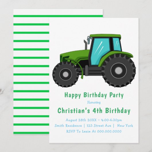 Big Green Tractor 4th Birthday-uitnodigingen (Voorkant / Achterkant)