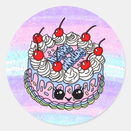 Big Happy Birthday Whimsical Hand getekende Cake Ronde Sticker (Voorkant)