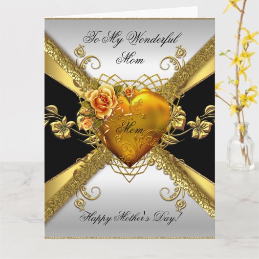 Big Happy Moederdag Roos Gold Heart Foto 3 Kaart (Gele Bloem)