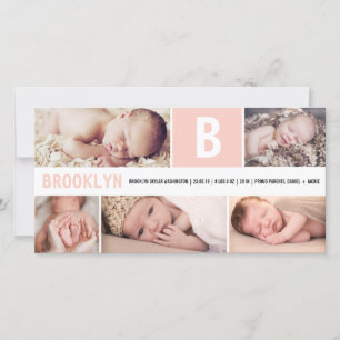 Big Initiaal Pink Baby Monogram 5 Multi Photo Birt Aankondiging