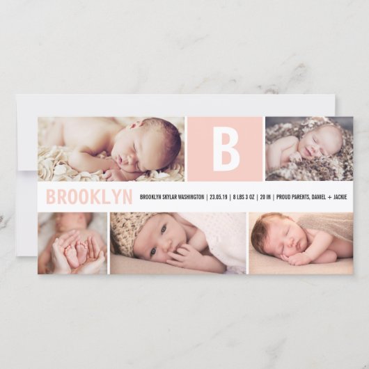 Big Initiaal Roze Baby Monogram 5 Multi Photo Birt Aankondiging (Voorkant)