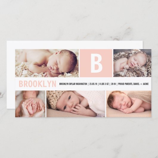 Big Initiaal Roze Baby Monogram 5 Multi Photo Birt Aankondiging (Voorkant / Achterkant)