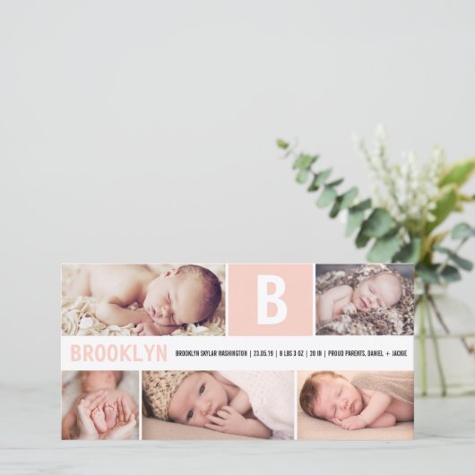 Big Initiaal Roze Baby Monogram 5 Multi Photo Birt Aankondiging (Staand voorkant)