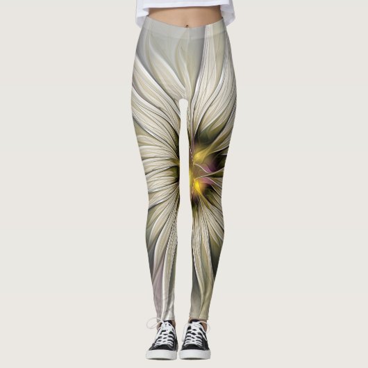 Big Ivory Flower, Abstract Modern Fractal Art Leggings (Voorkant)