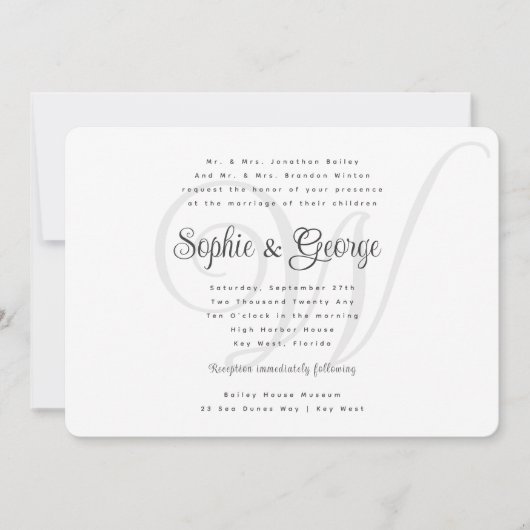 Big Monogram Wedding Black in White Invitations Kaart (Voorkant)