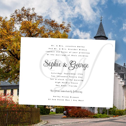 Big Monogram Wedding Black in White Invitations Kaart