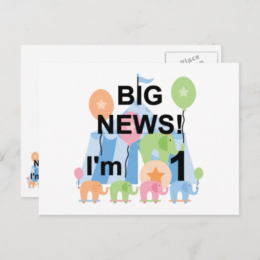 Big News Circus 1st Birthday T-shirts en cadeautje Briefkaart (Voorkant / Achterkant)