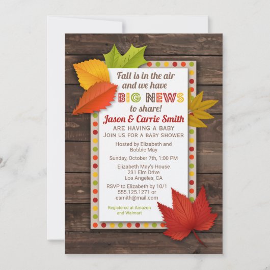 Big News Fall verlaat Baby shower Invitation Kaart (Voorkant)