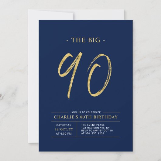 Big Ninety | Goud & Navy Blue 90ste verjaardagsfee Kaart (Voorkant)