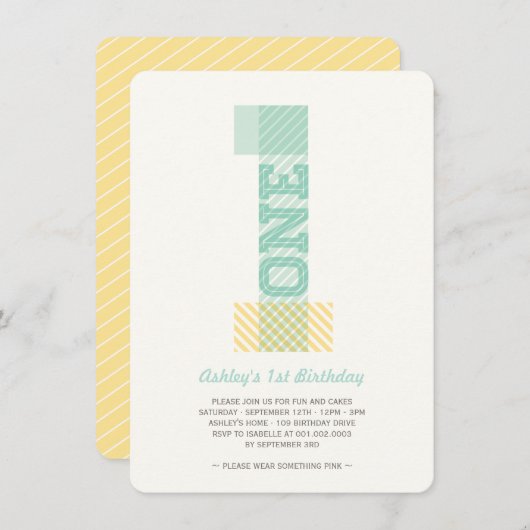 Big Number 1 Stripes Baby Neutraal 1e verjaardag Kaart (Voorkant / Achterkant)