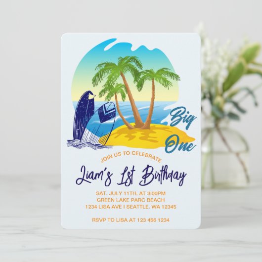Big One Birthday Boy Beach Theme Personalized Name Kaart (Staand voorkant)