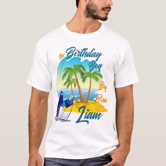 Big One Birthday Boy Beach Theme Personalized Name T-shirt (Voorkant)