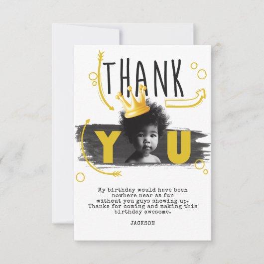 BIG ONE Eerste Verjaardag Foto Zwart Wit Geel Bedankkaart (Voorkant)