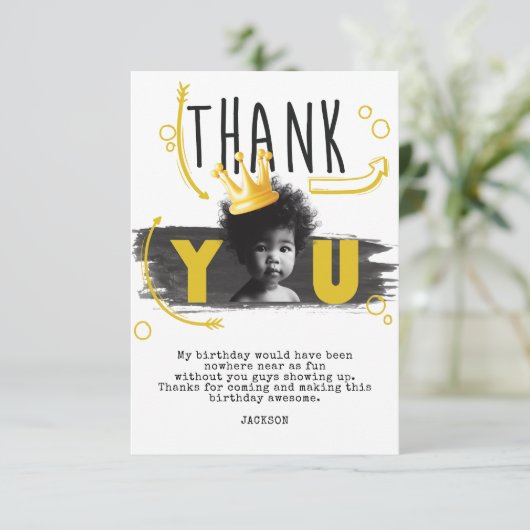 BIG ONE Eerste Verjaardag Foto Zwart Wit Geel Bedankkaart (Staand voorkant)