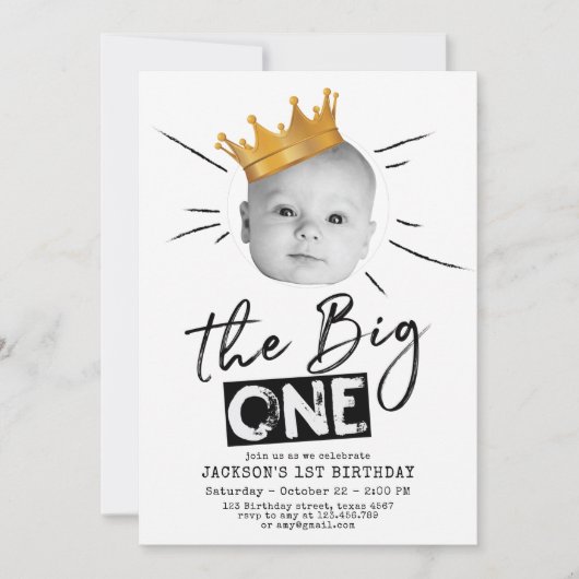 Big One First Birthday Modern Photo Black White Kaart (Voorkant)