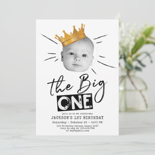 Big One First Birthday Modern Photo Black White Kaart (Staand voorkant)