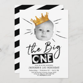 Big One First Birthday Modern Photo Black White Kaart
