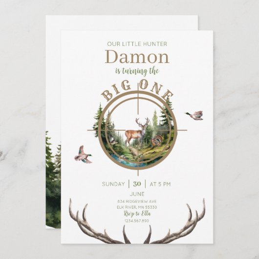 Big One Hunting Eerste Verjaardag Uitnodiging (Voorkant / Achterkant)