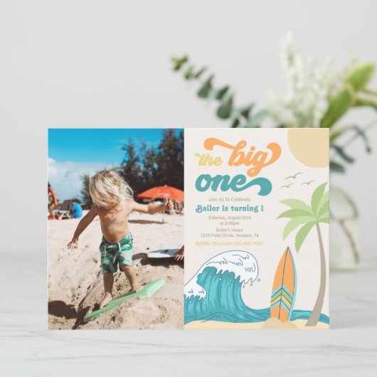 Big One Photo Invitation | Beach Birthday Kaart (Staand voorkant)