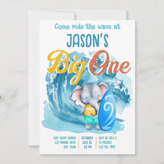 Big One surfende strand 1e verjaardag e;ephant Kaart (Voorkant)