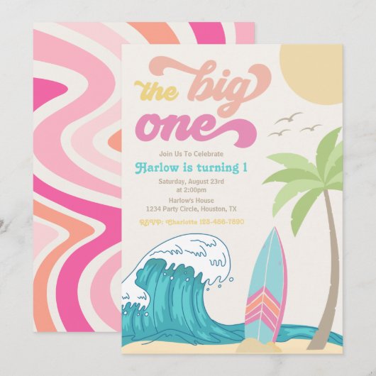 Big One Surfing Invitation | Girl Surfing Invitati Kaart (Voorkant / Achterkant)