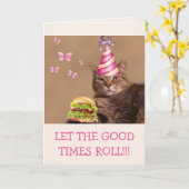Big Party Cat en Cheeseburger Birthday Kaart (Gele Bloem)
