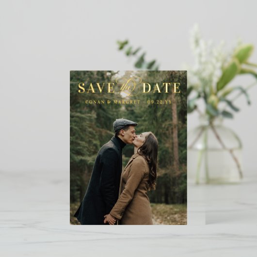 Big Photo Folie Save the Date Gold Folie Uitnodiging Briefkaart (Staand Voorkant)